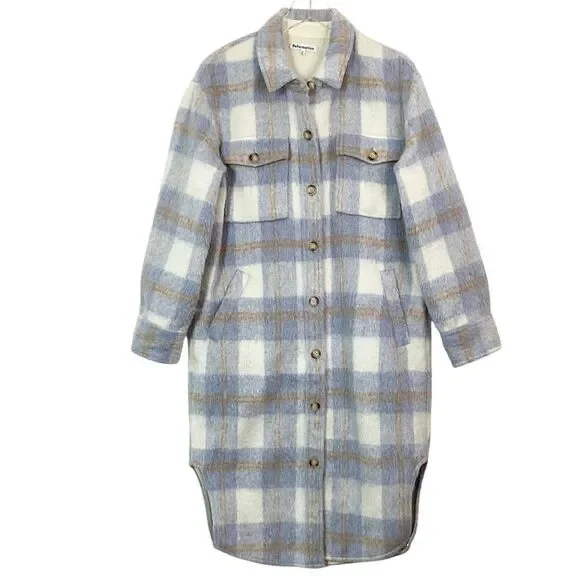 REFORMATION Size M Ainslie Plaid Jacket Coat Flannel Oversized Light Blue - Picture 2 of 10